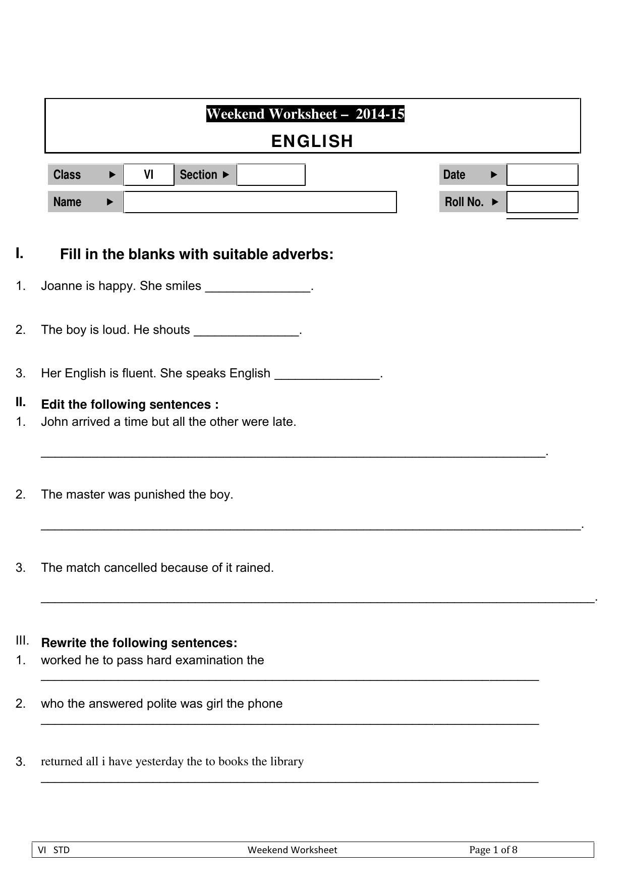CBSE Worksheets for Class 6 English Adverbs Assignment - Page 1