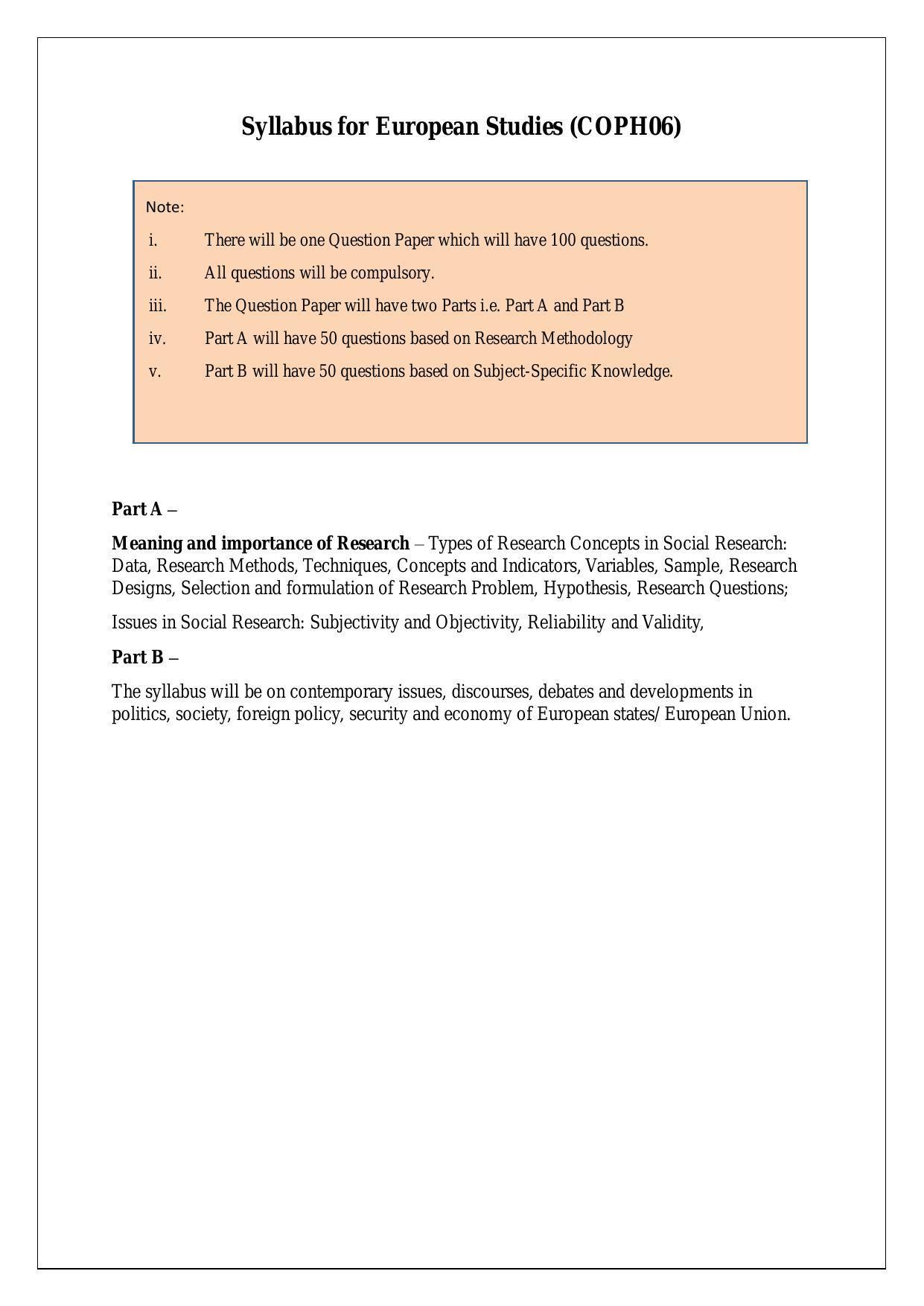 NTA PhD Entrance Exam European Studies Syllabus - Page 1