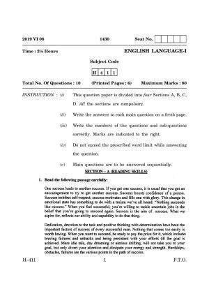 Goa Board Class 12 English I  2019 (June 2019) Question Paper