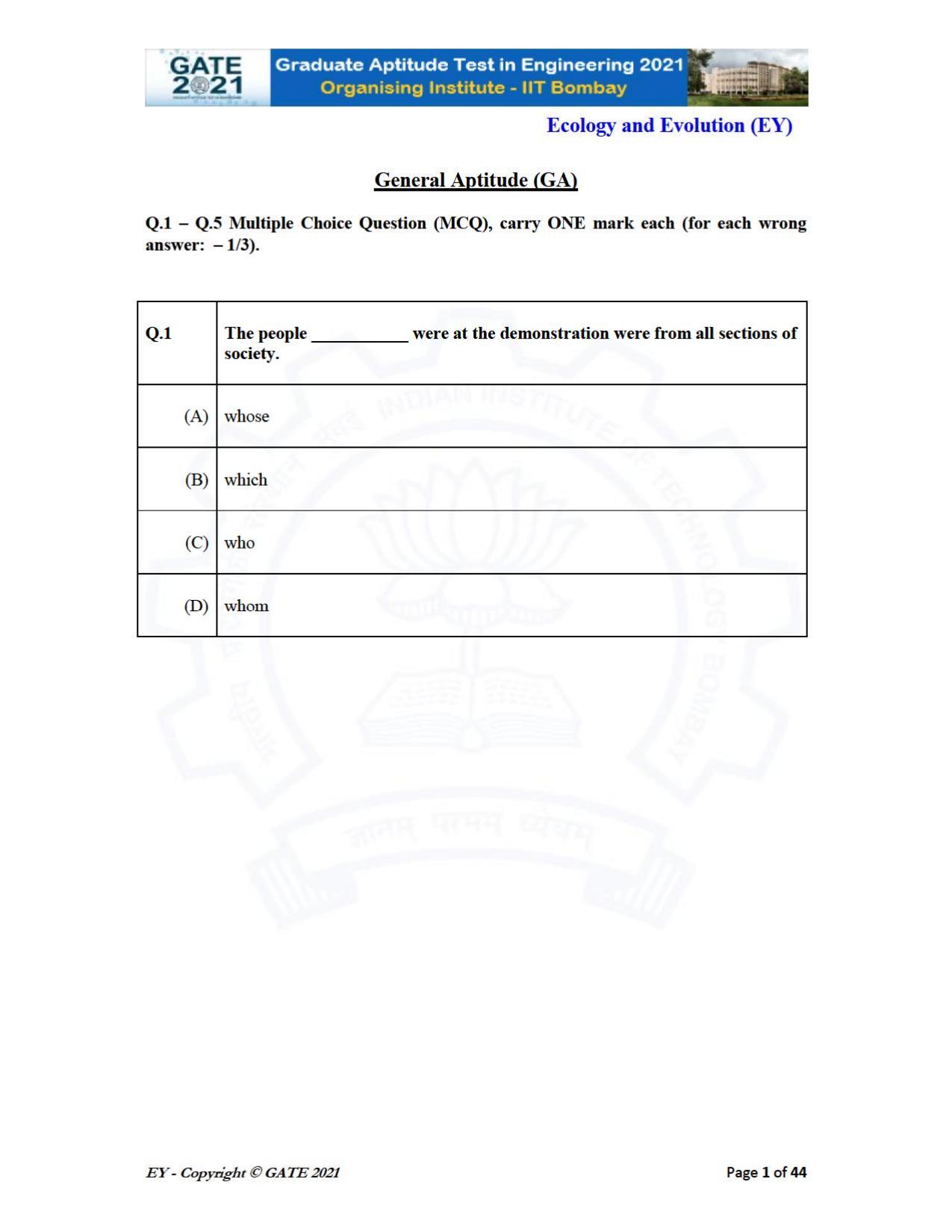 GATE 2021 Ecology and Evolution	(EY) Question Paper - Page 1