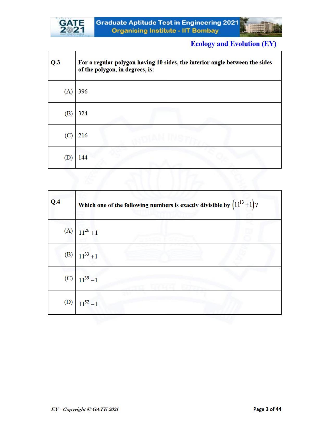 GATE 2021 Ecology and Evolution	(EY) Question Paper - Page 3