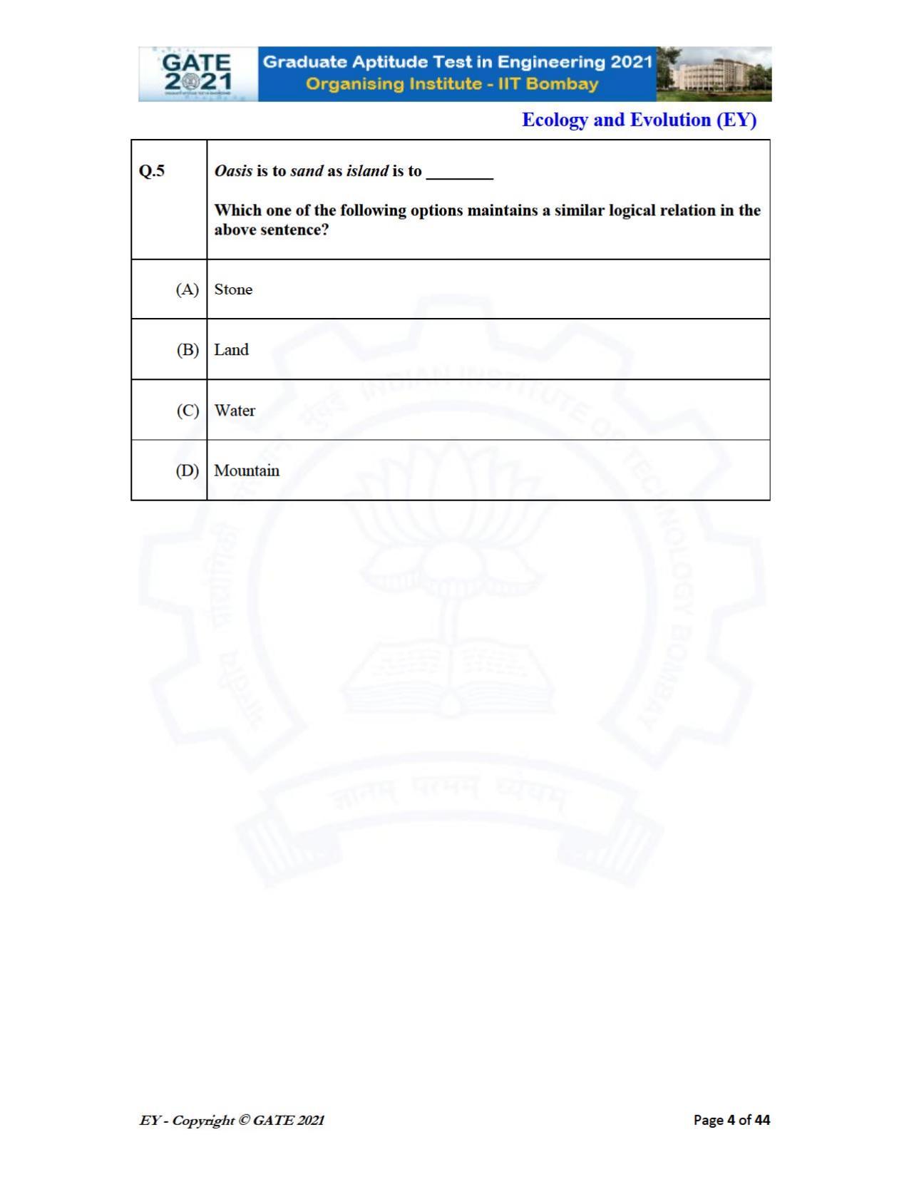 GATE 2021 Ecology and Evolution	(EY) Question Paper - Page 4