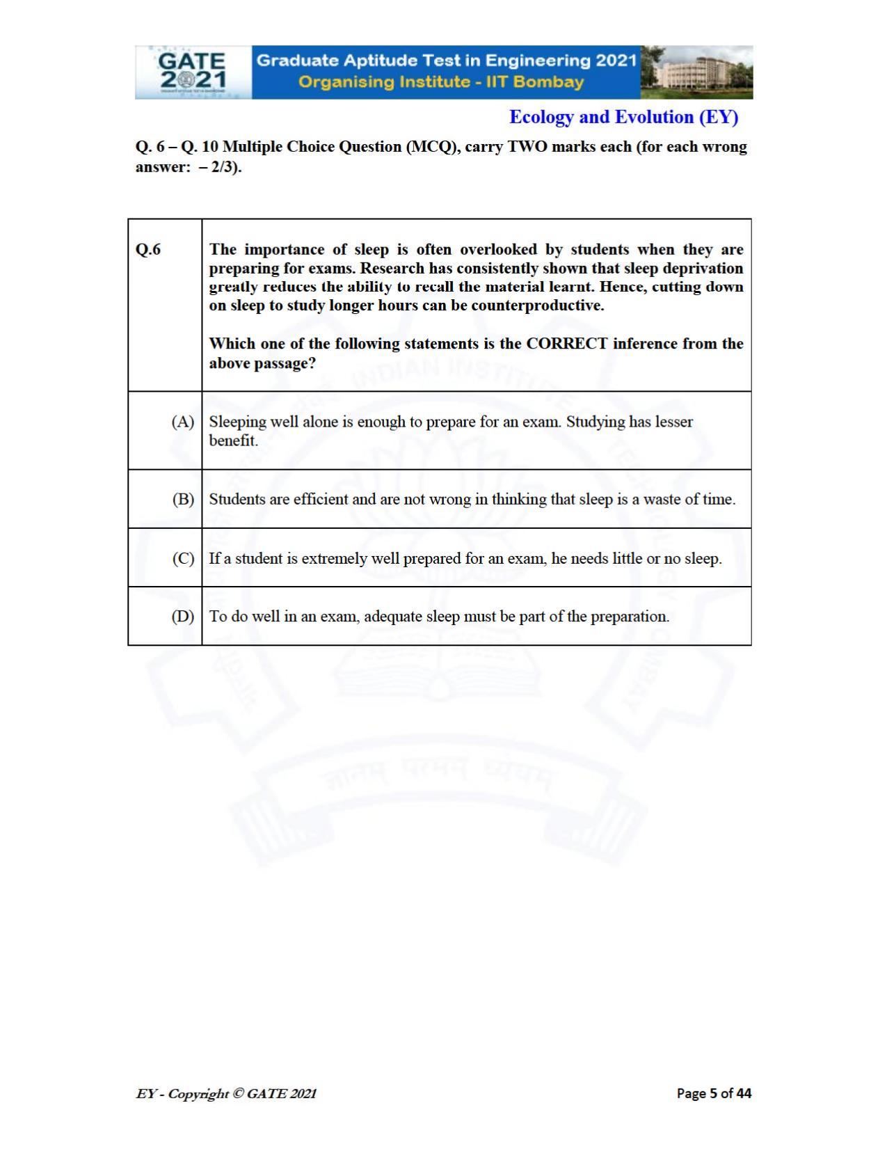 GATE 2021 Ecology and Evolution	(EY) Question Paper - Page 5