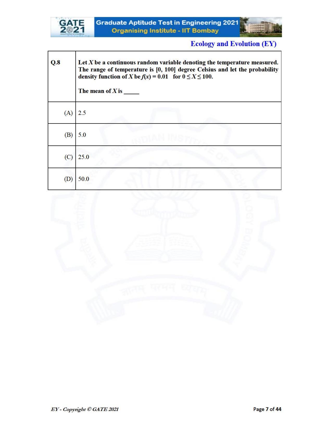 GATE 2021 Ecology and Evolution	(EY) Question Paper - Page 7