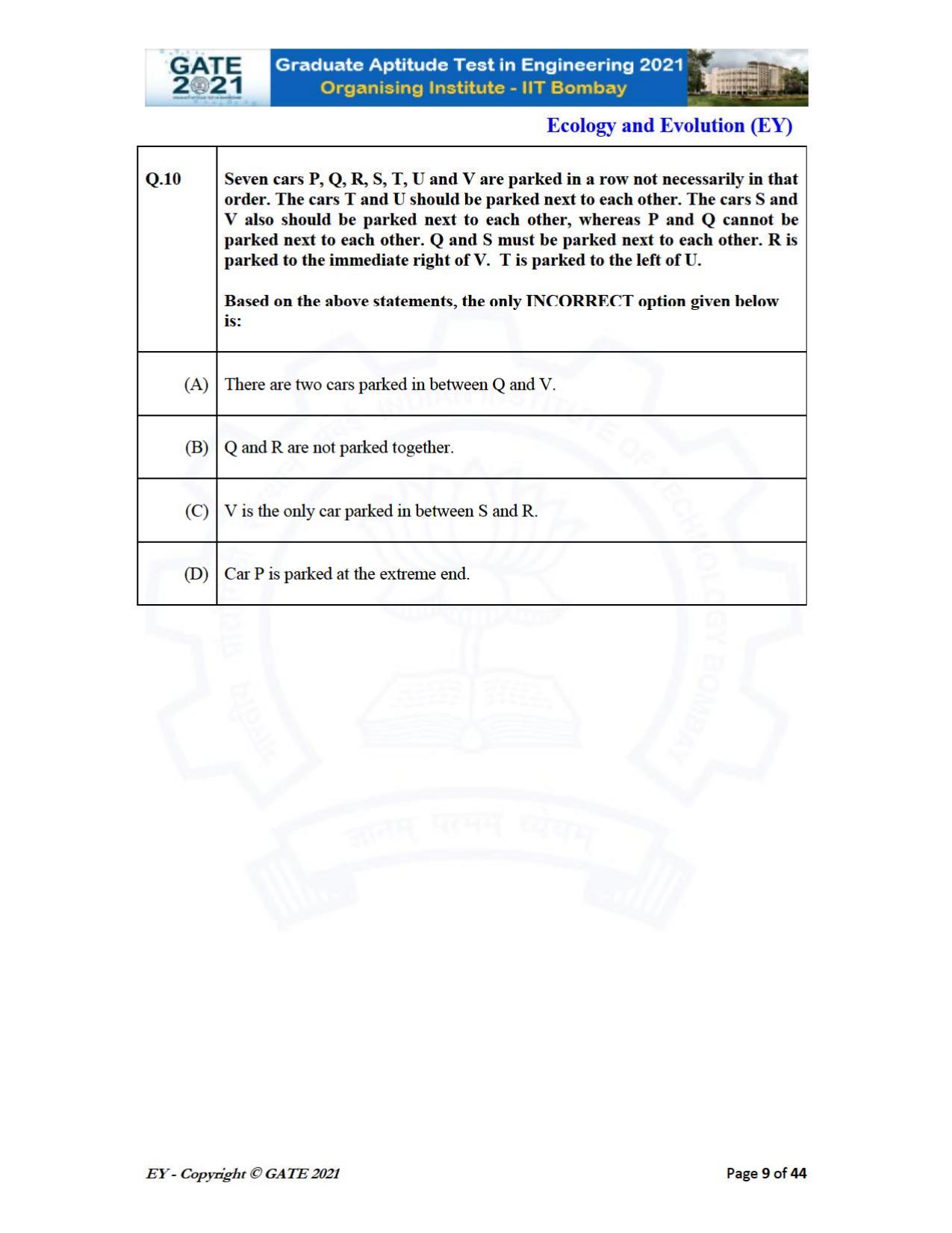 GATE 2021 Ecology and Evolution	(EY) Question Paper - Page 9