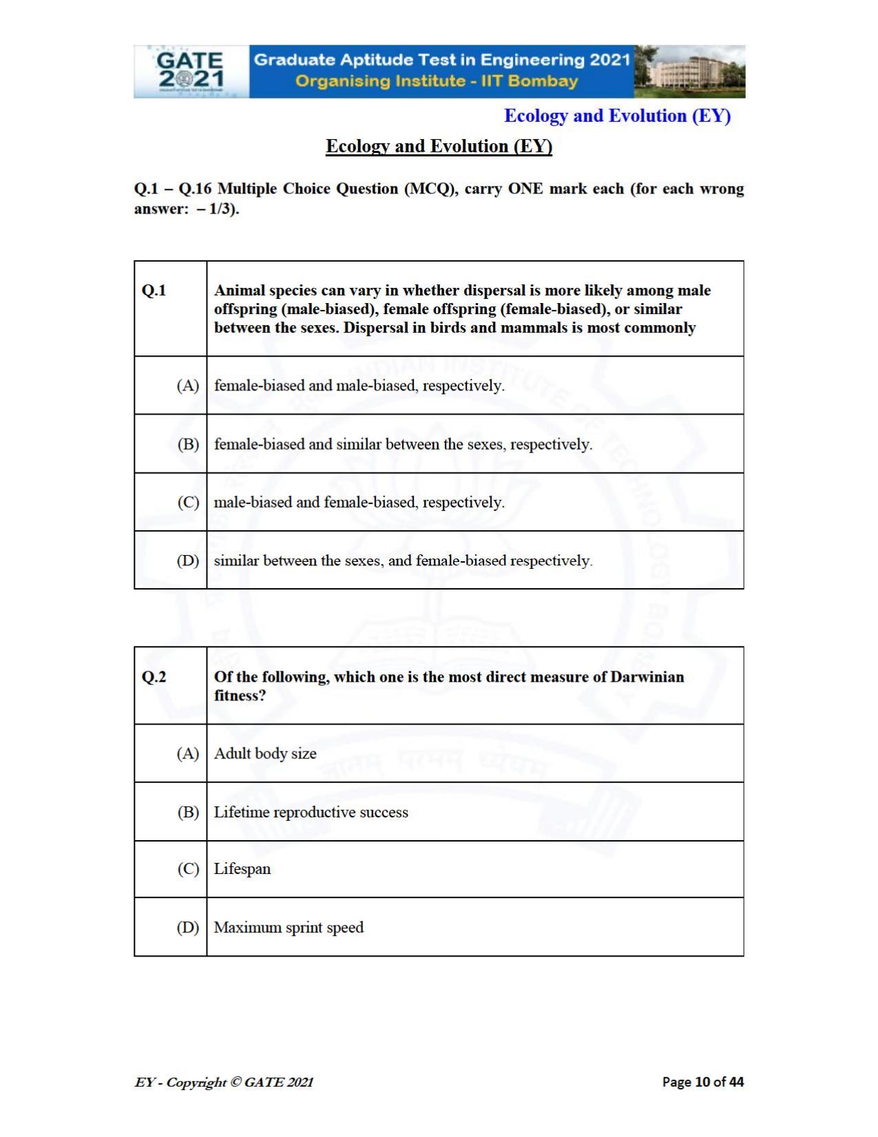 GATE 2021 Ecology and Evolution	(EY) Question Paper - Page 10