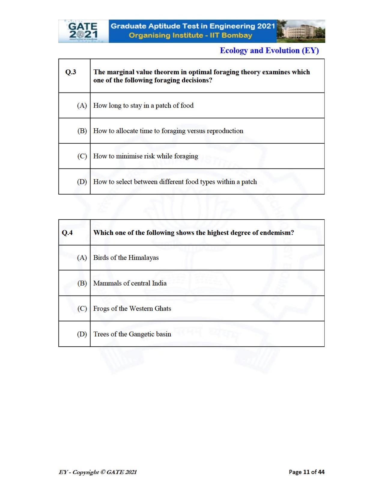 GATE 2021 Ecology and Evolution	(EY) Question Paper - Page 11