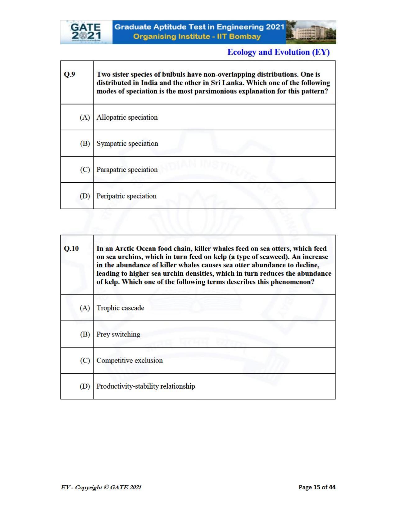 GATE 2021 Ecology and Evolution	(EY) Question Paper - Page 15