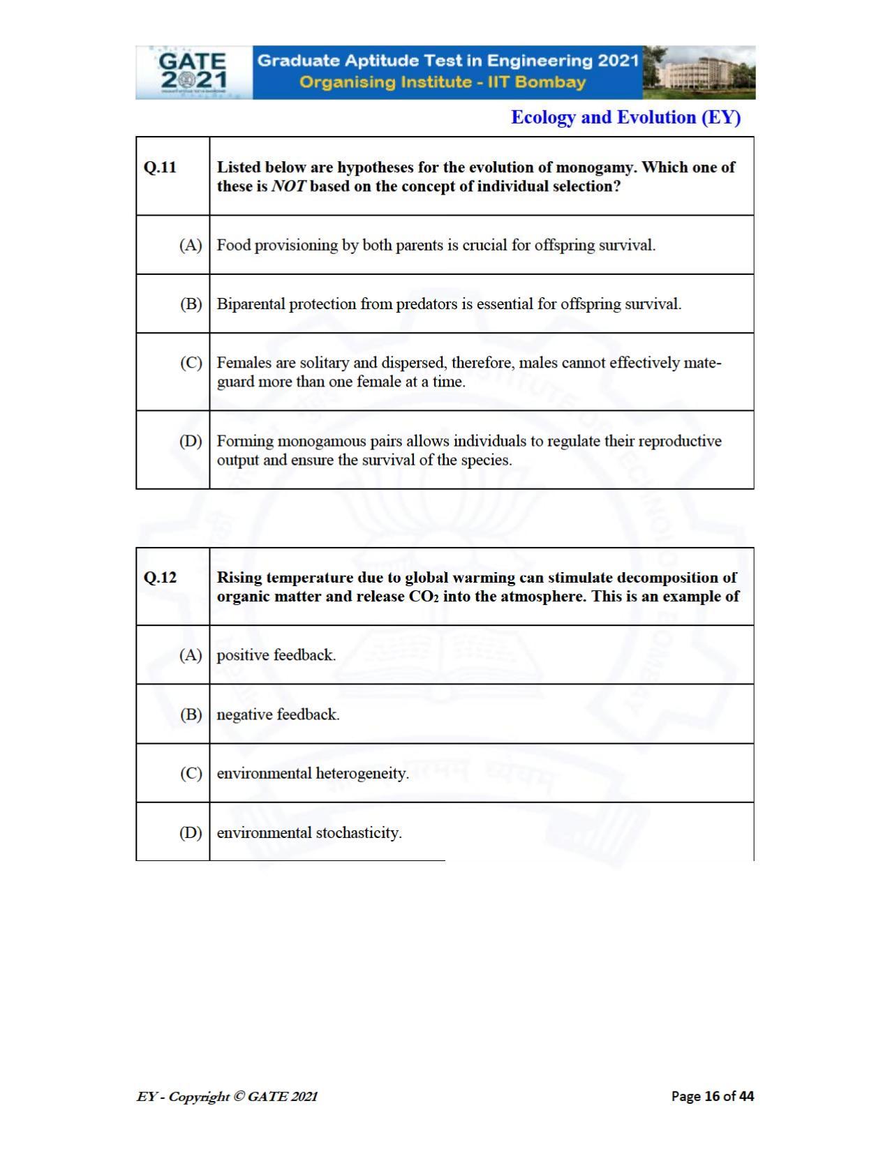 GATE 2021 Ecology and Evolution	(EY) Question Paper - Page 16
