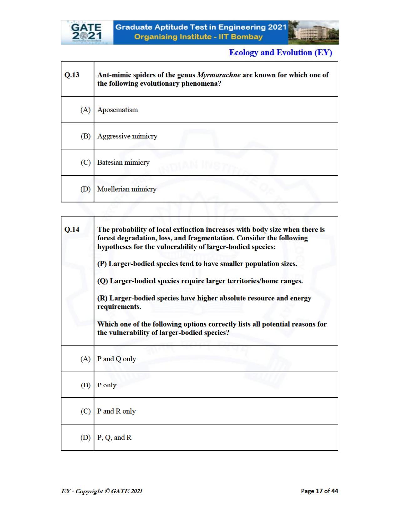 GATE 2021 Ecology and Evolution	(EY) Question Paper - Page 17