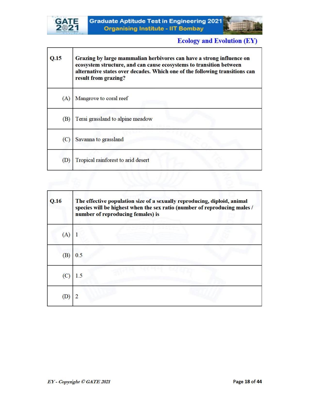 GATE 2021 Ecology and Evolution	(EY) Question Paper - Page 18