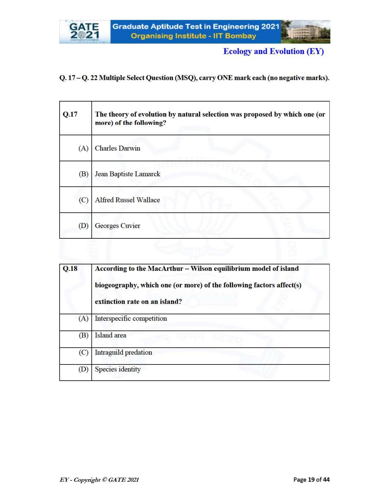 GATE 2021 Ecology and Evolution	(EY) Question Paper - Page 19