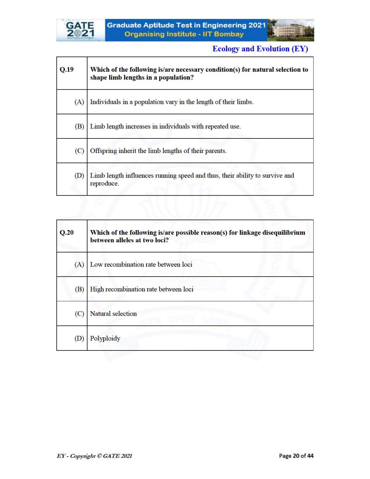 GATE 2021 Ecology and Evolution	(EY) Question Paper - Page 20