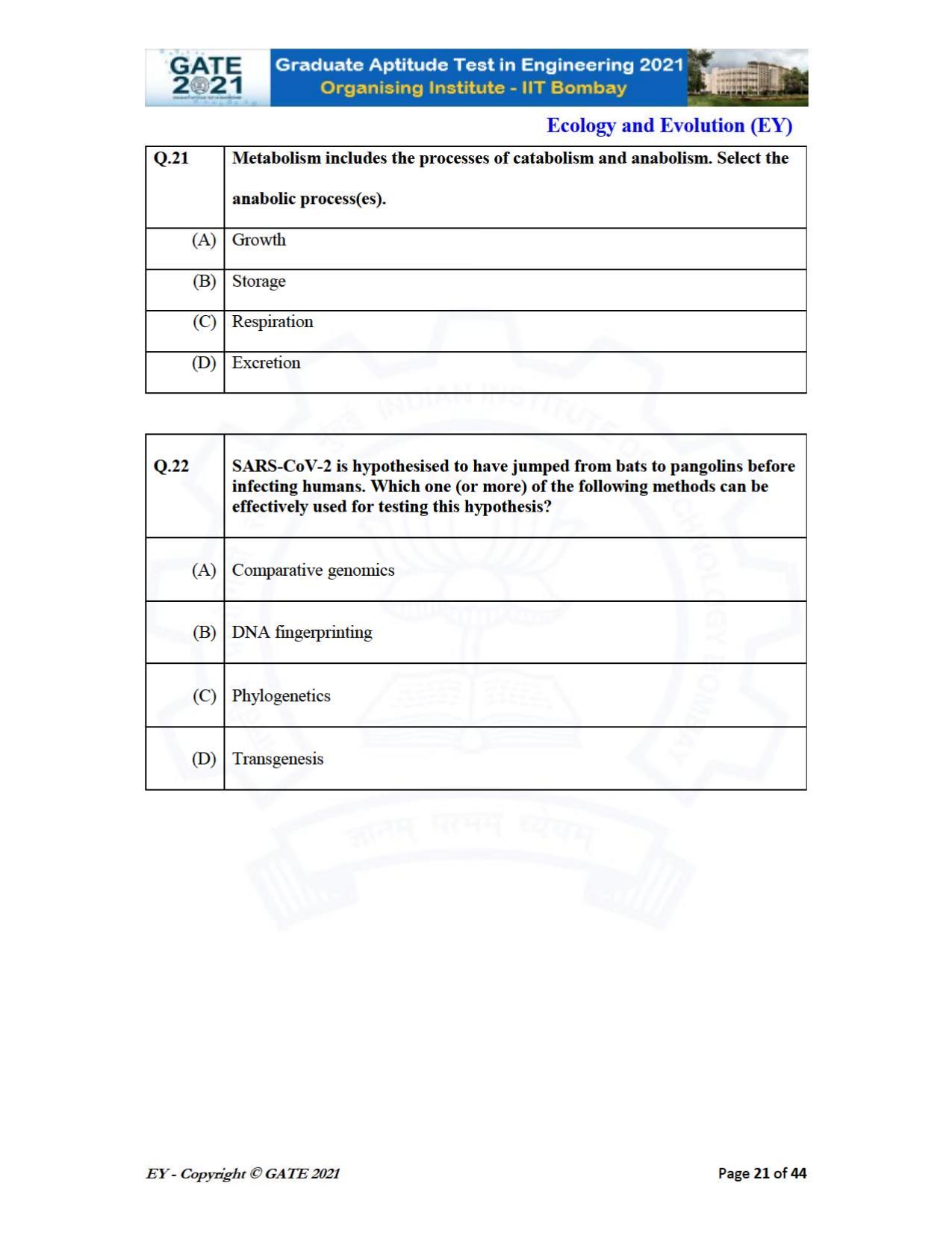GATE 2021 Ecology and Evolution	(EY) Question Paper - Page 21