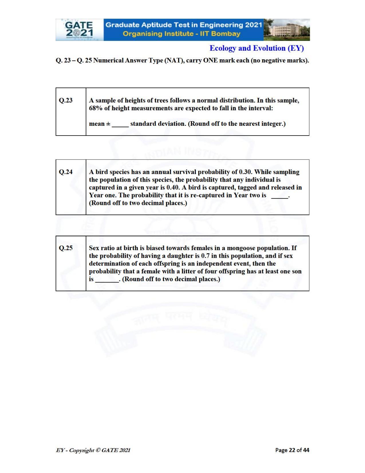 GATE 2021 Ecology and Evolution	(EY) Question Paper - Page 22