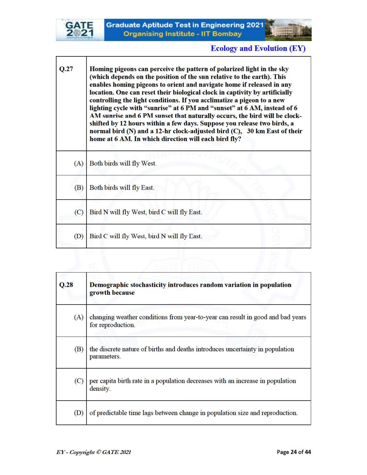 GATE 2021 Ecology and Evolution	(EY) Question Paper - Page 24