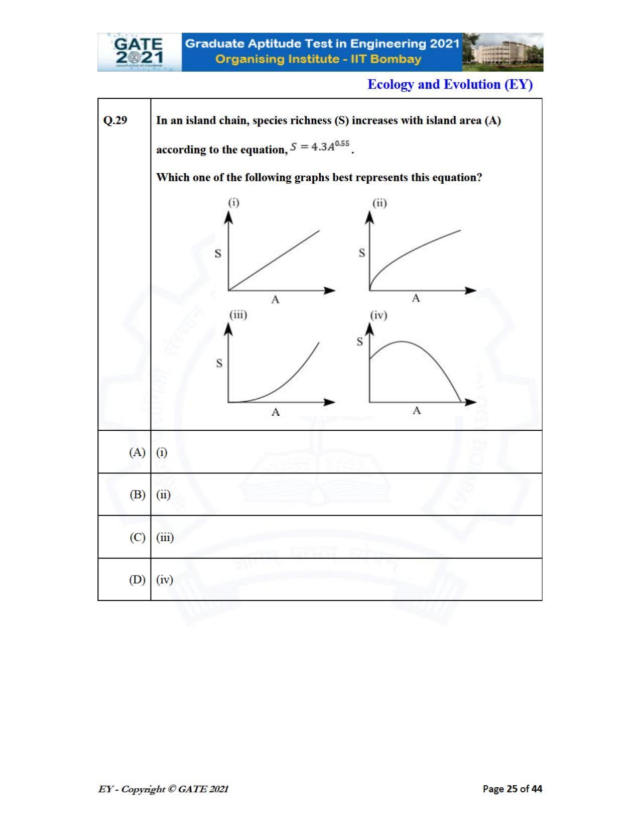 GATE 2021 Ecology and Evolution	(EY) Question Paper - Page 25
