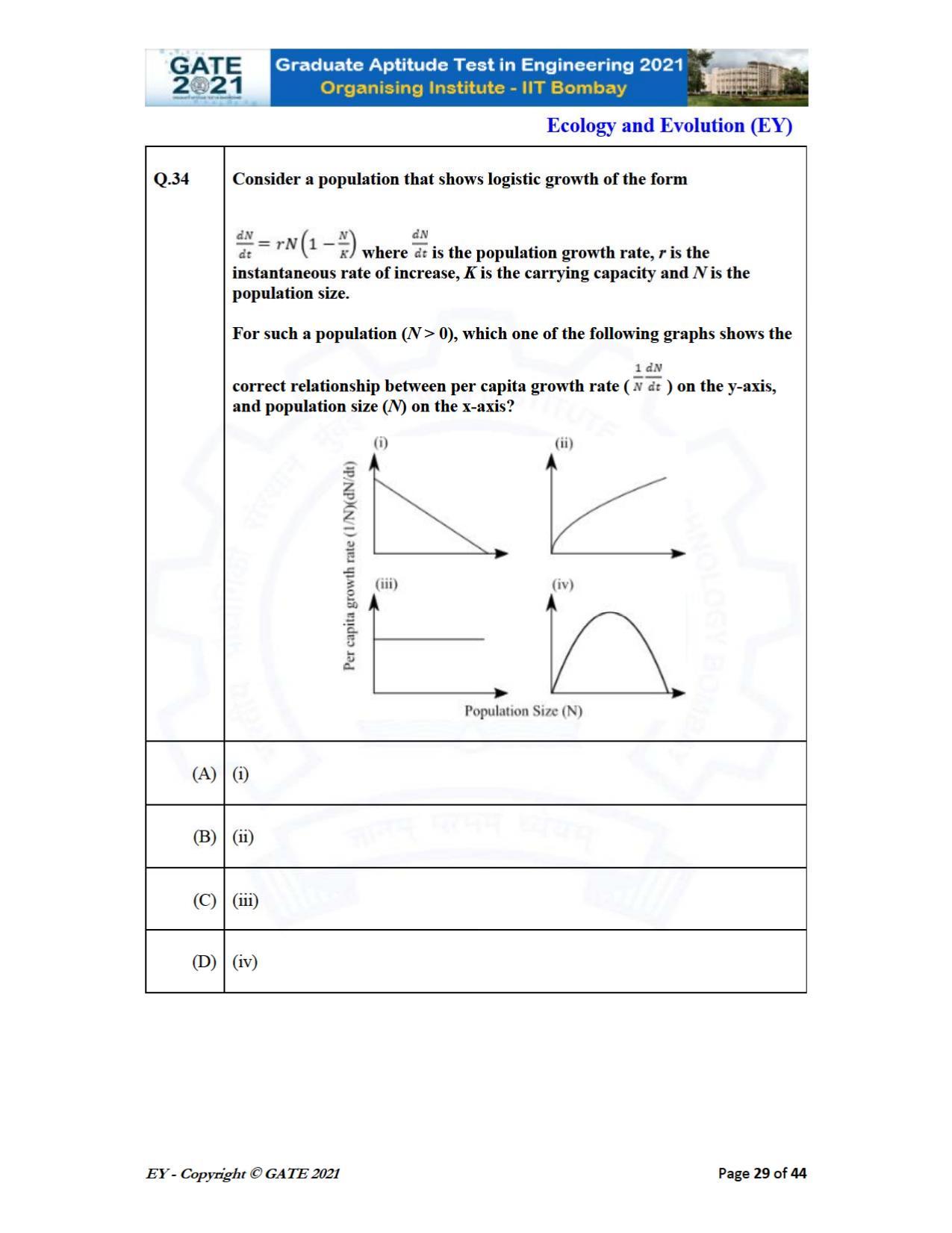GATE 2021 Ecology and Evolution	(EY) Question Paper - Page 29