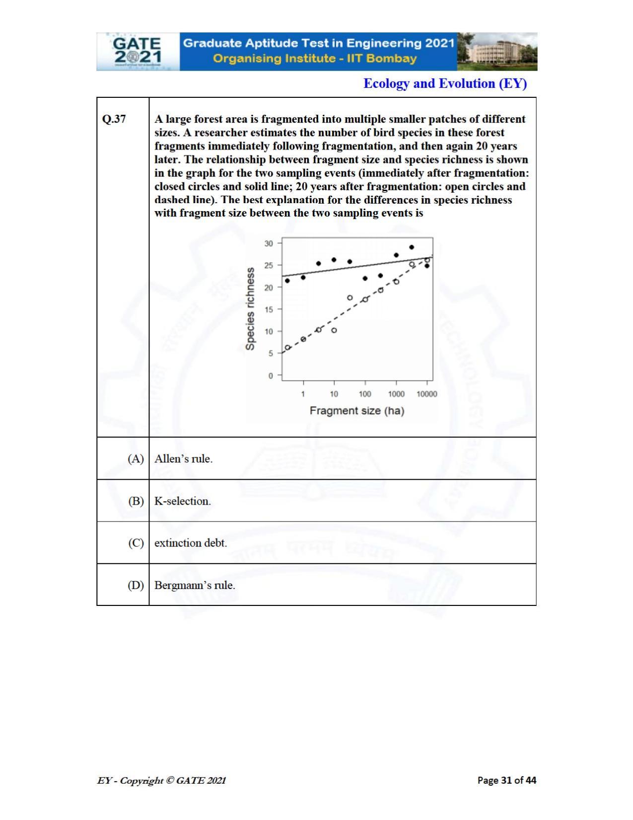 GATE 2021 Ecology and Evolution	(EY) Question Paper - Page 31