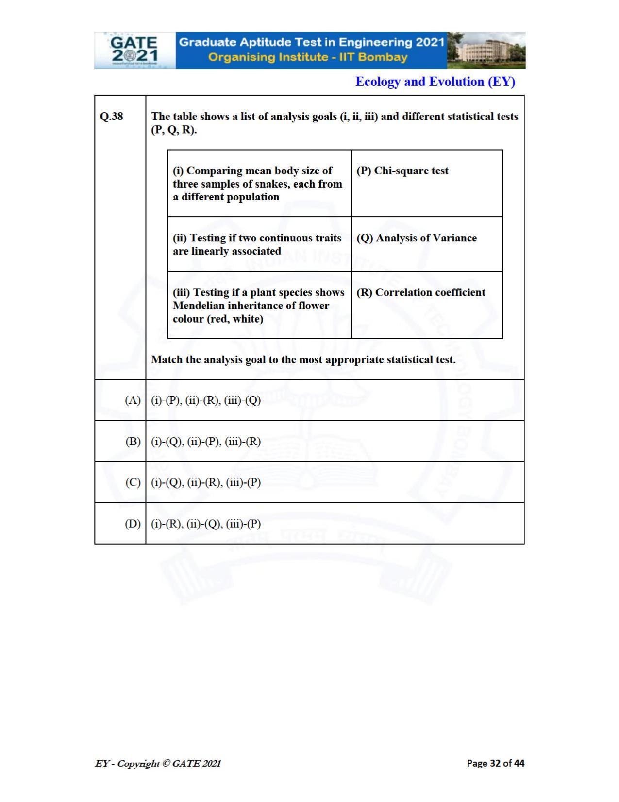 GATE 2021 Ecology and Evolution	(EY) Question Paper - Page 32