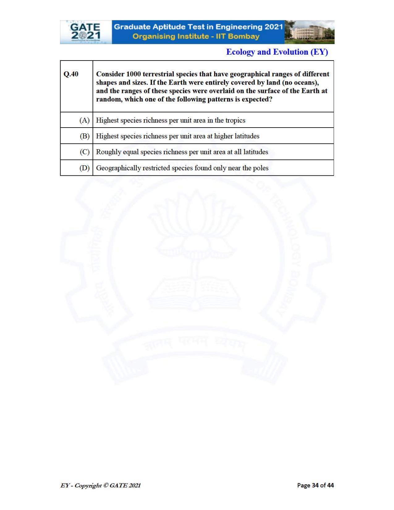 GATE 2021 Ecology and Evolution	(EY) Question Paper - Page 34