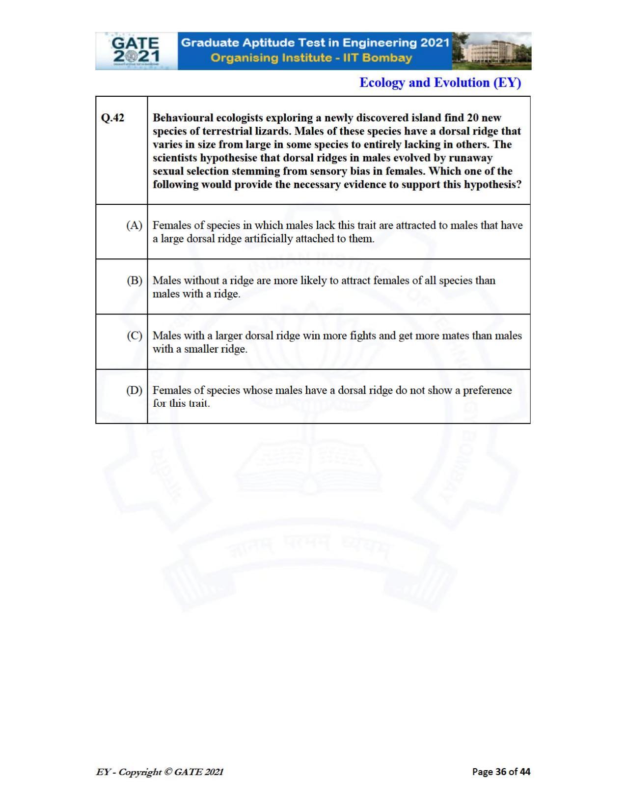 GATE 2021 Ecology and Evolution	(EY) Question Paper - Page 36
