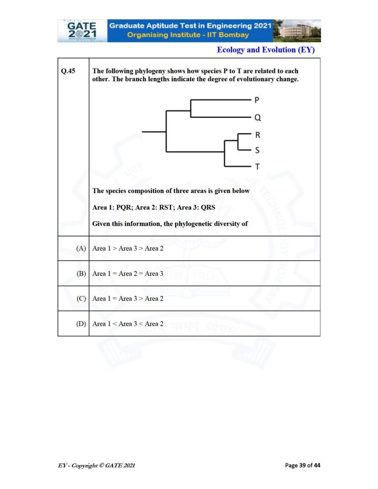 GATE 2021 Ecology and Evolution	(EY) Question Paper - Page 39