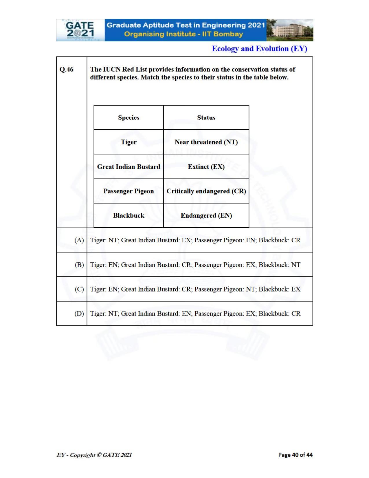 GATE 2021 Ecology and Evolution	(EY) Question Paper - Page 40
