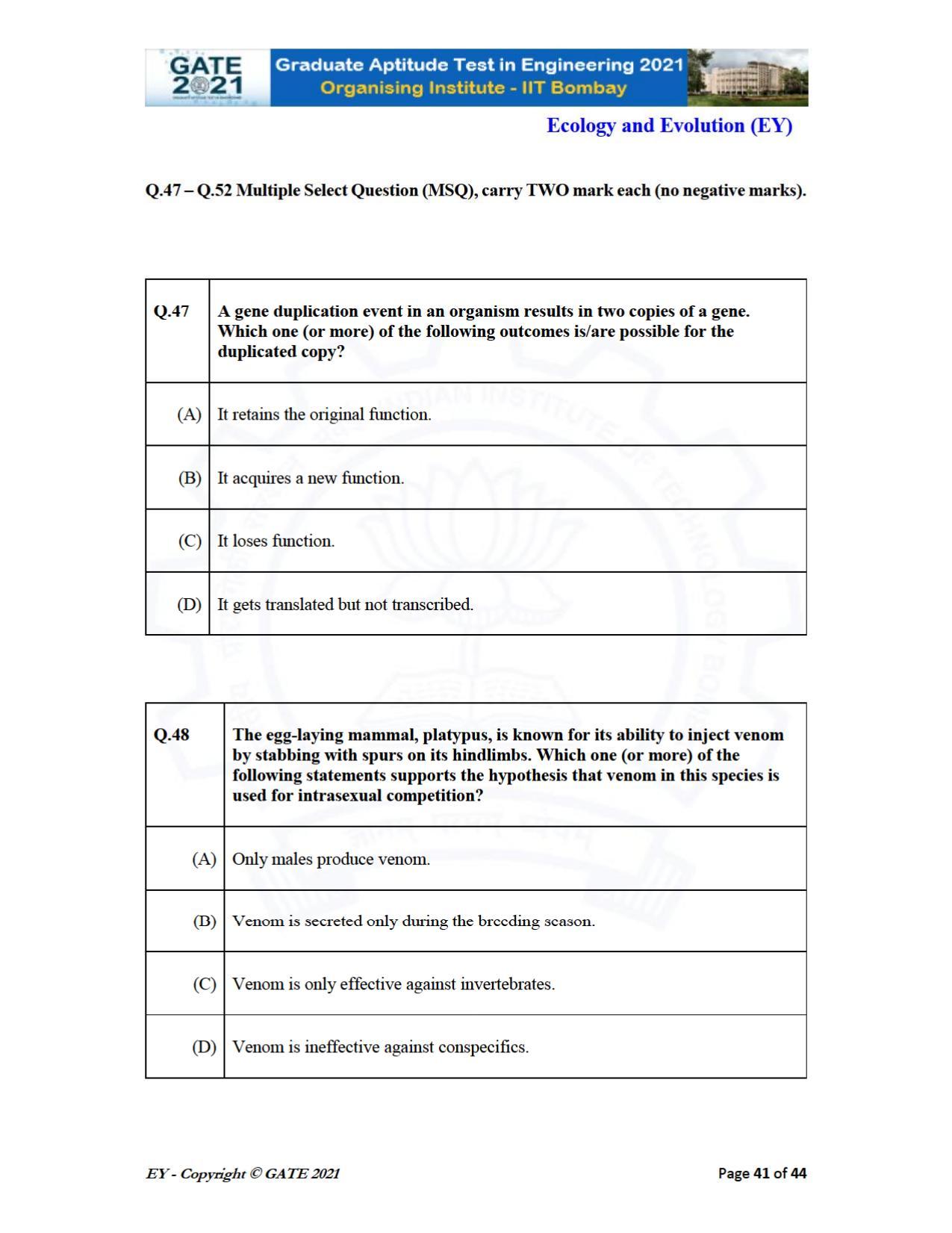GATE 2021 Ecology and Evolution	(EY) Question Paper - Page 41