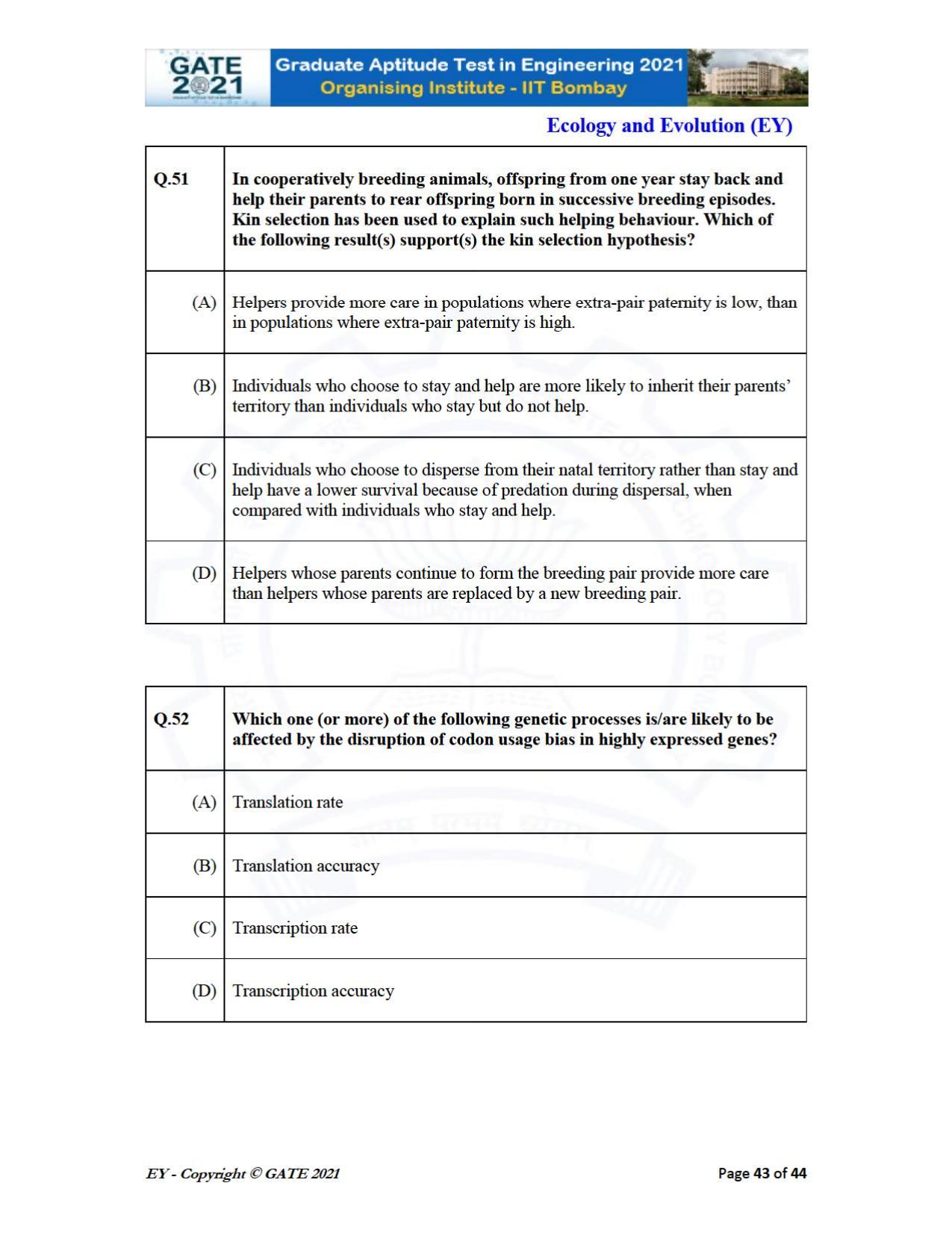 GATE 2021 Ecology and Evolution	(EY) Question Paper - Page 43