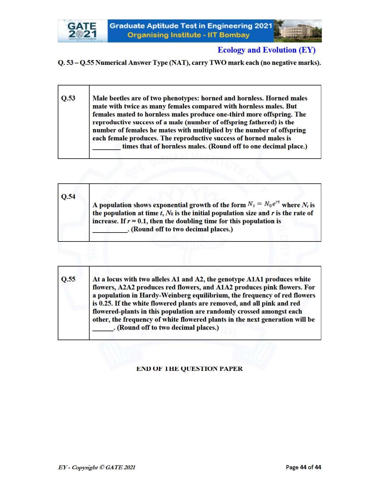 GATE 2021 Ecology and Evolution	(EY) Question Paper - Page 44