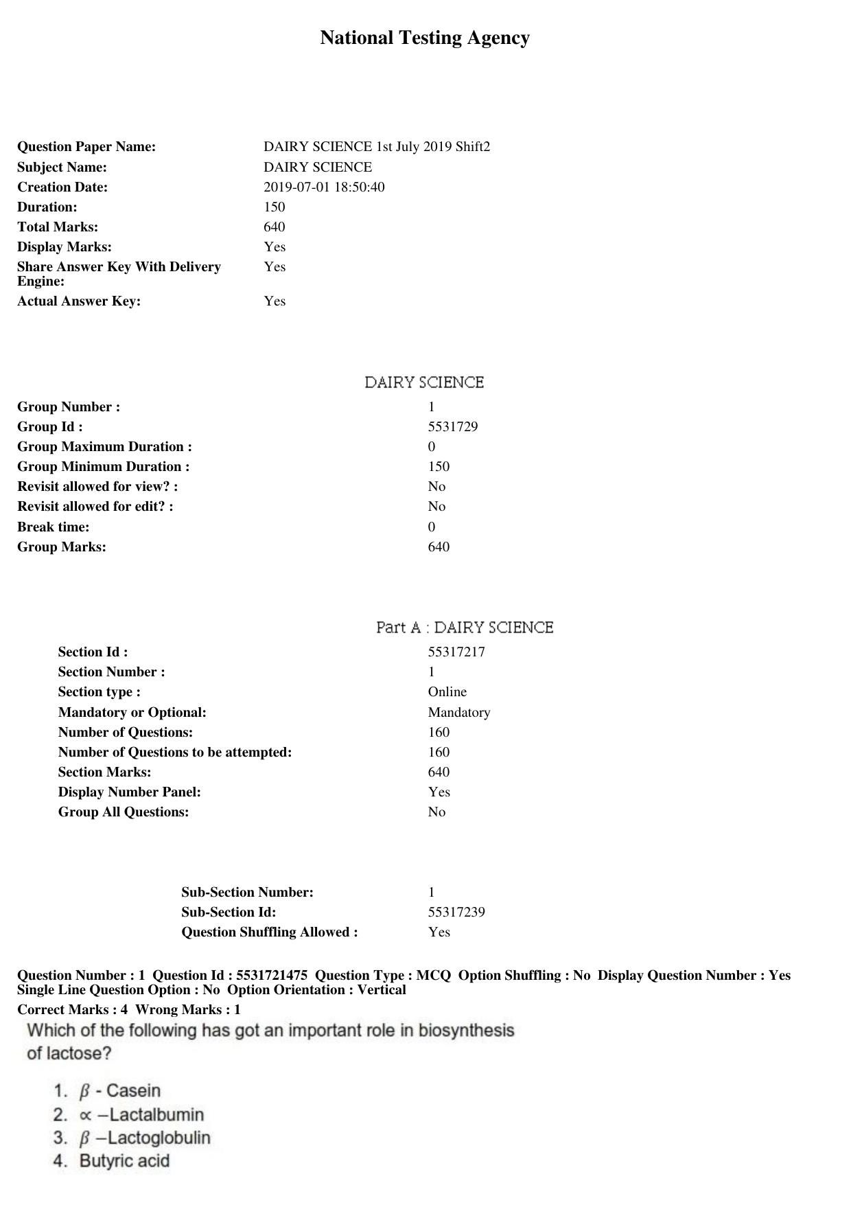 ICAR AIEEA PG 2019 DAIRY SCIENCE Question Paper - Page 1