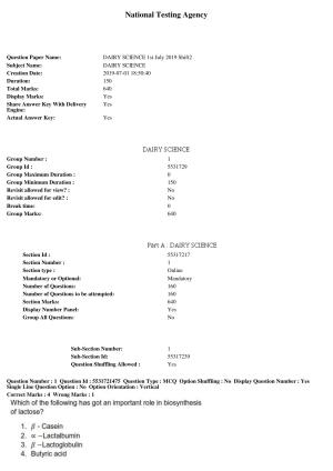 ICAR AIEEA PG 2019 DAIRY SCIENCE Question Paper