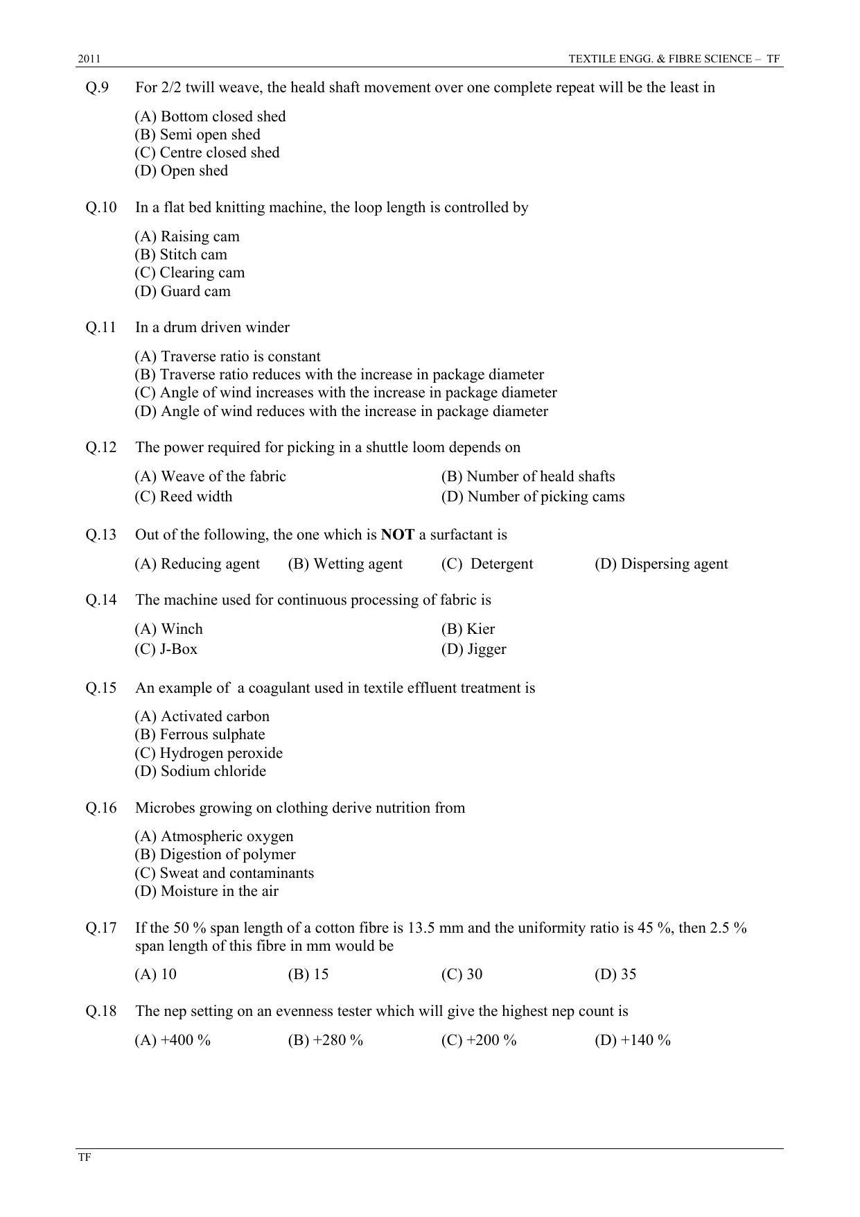 GATE 2011 Textile Engineering and Fibre Science (TF) Question Paper with Answer Key - Page 3