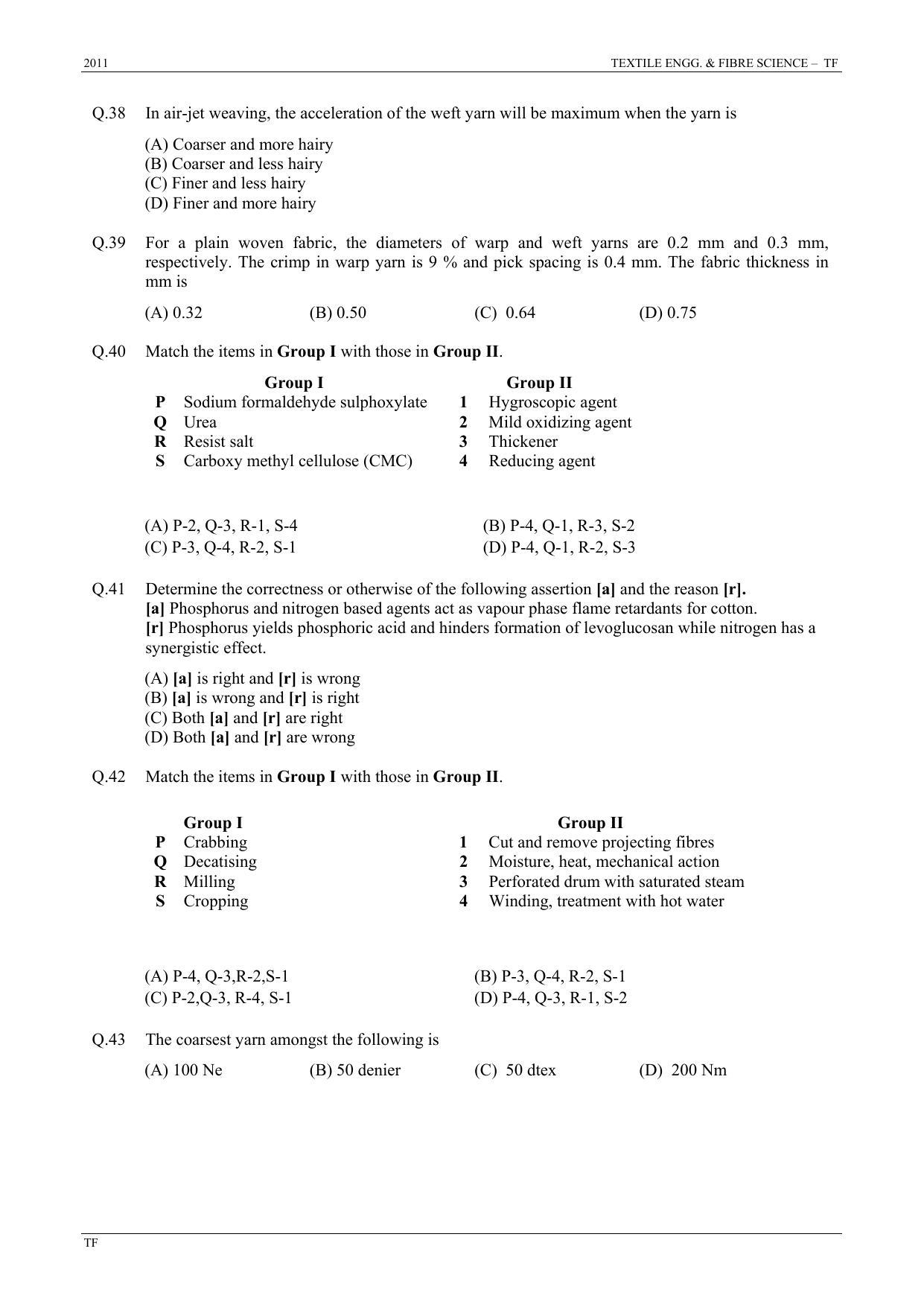 GATE 2011 Textile Engineering and Fibre Science (TF) Question Paper with Answer Key - Page 7