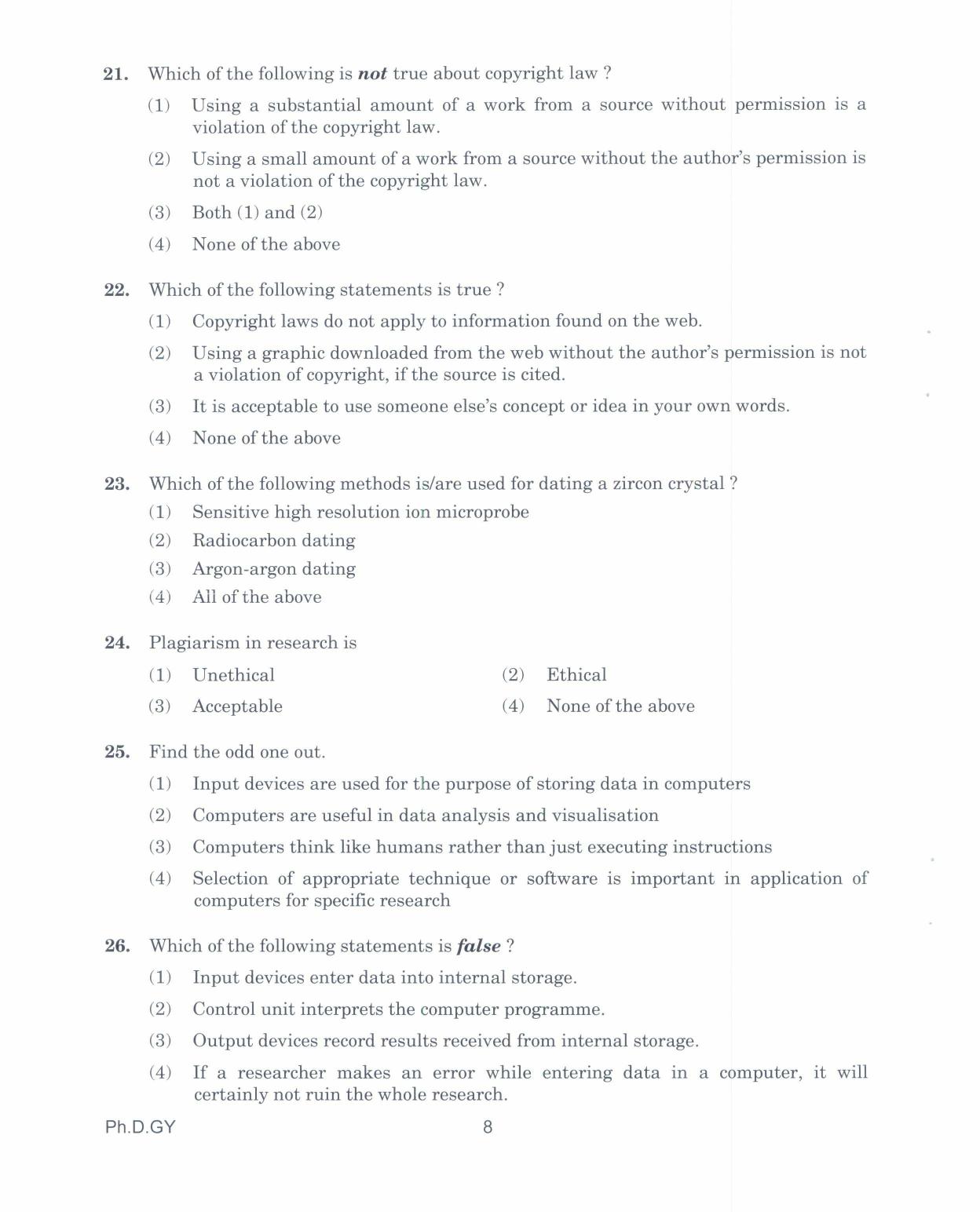 IGNOU PhD Entrance Test Ph.D. In Geology 2017 Question Paper - Page 8