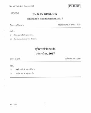 IGNOU PhD Entrance Test Ph.D. In Geology 2017 Question Paper