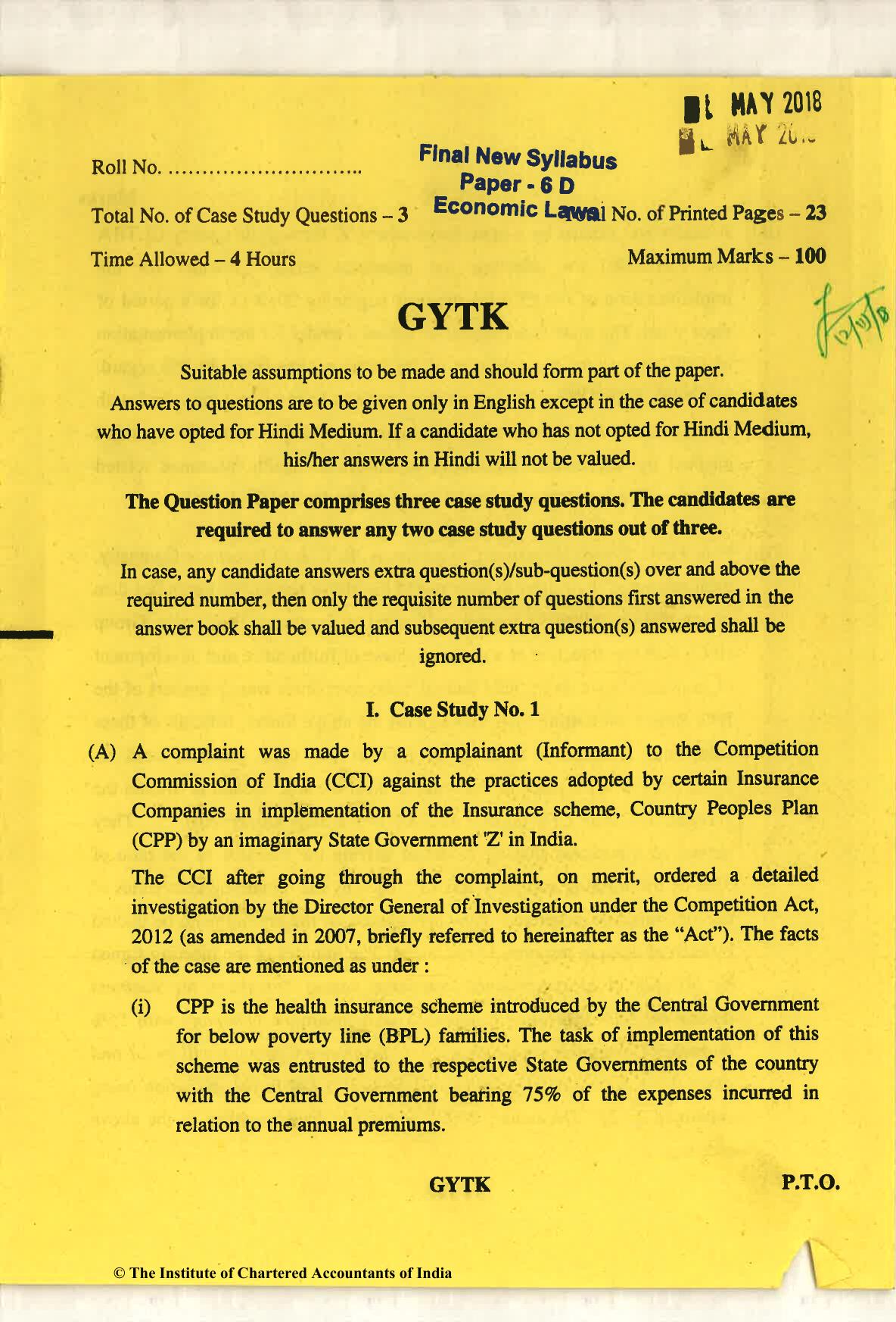 CA Final May 2018 Question Paper - Paper 6D – Economic Laws - Page 1