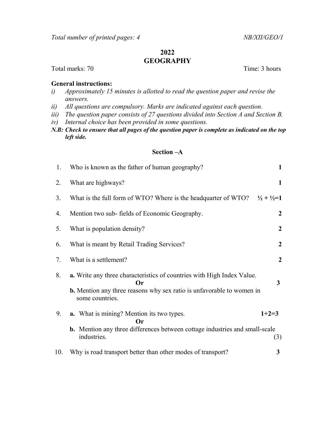 Nagaland Board Class 12 Geography 2022 Question Paper - Page 1