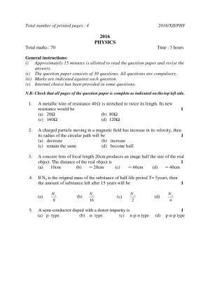 Nagaland Board Class 12 PHYSICS 2016 Question Papers