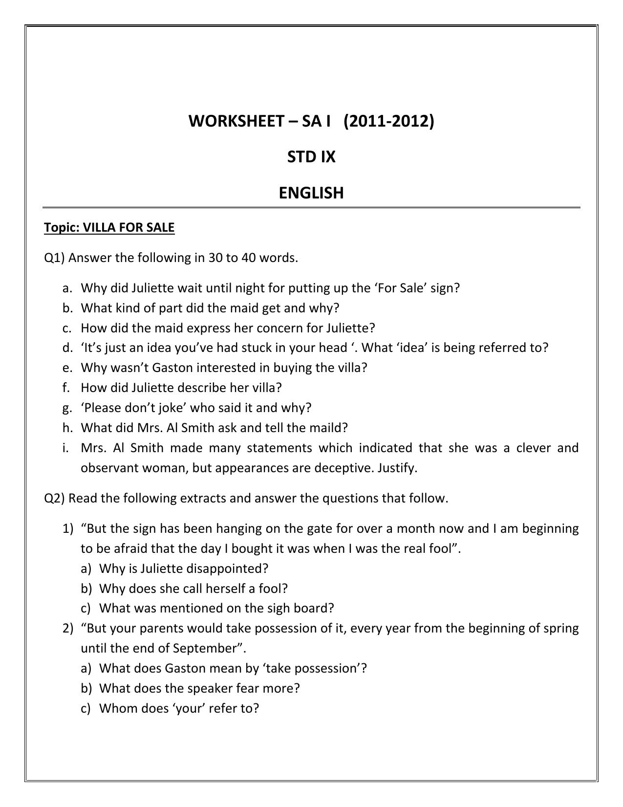 CBSE Worksheets for Class 9 English Villa For Sale Assignment - Page 1