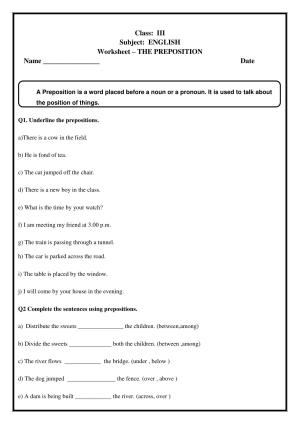 Worksheet for Class 3 English The Preposition Assignment