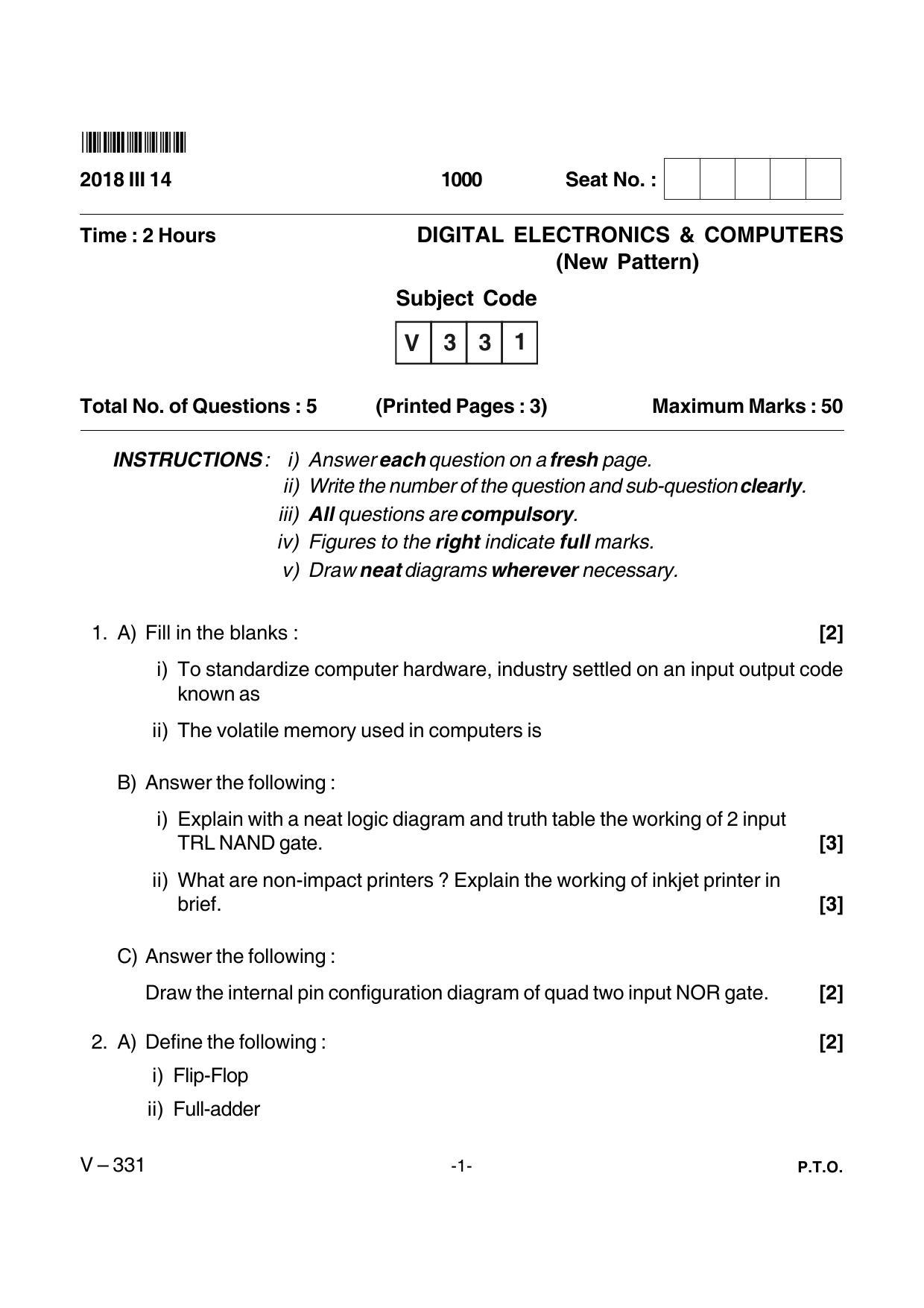 Goa Board Class 12 Digital Electronics & Computers Voc 331 New Pattern (March 2018) Question Paper - Page 1