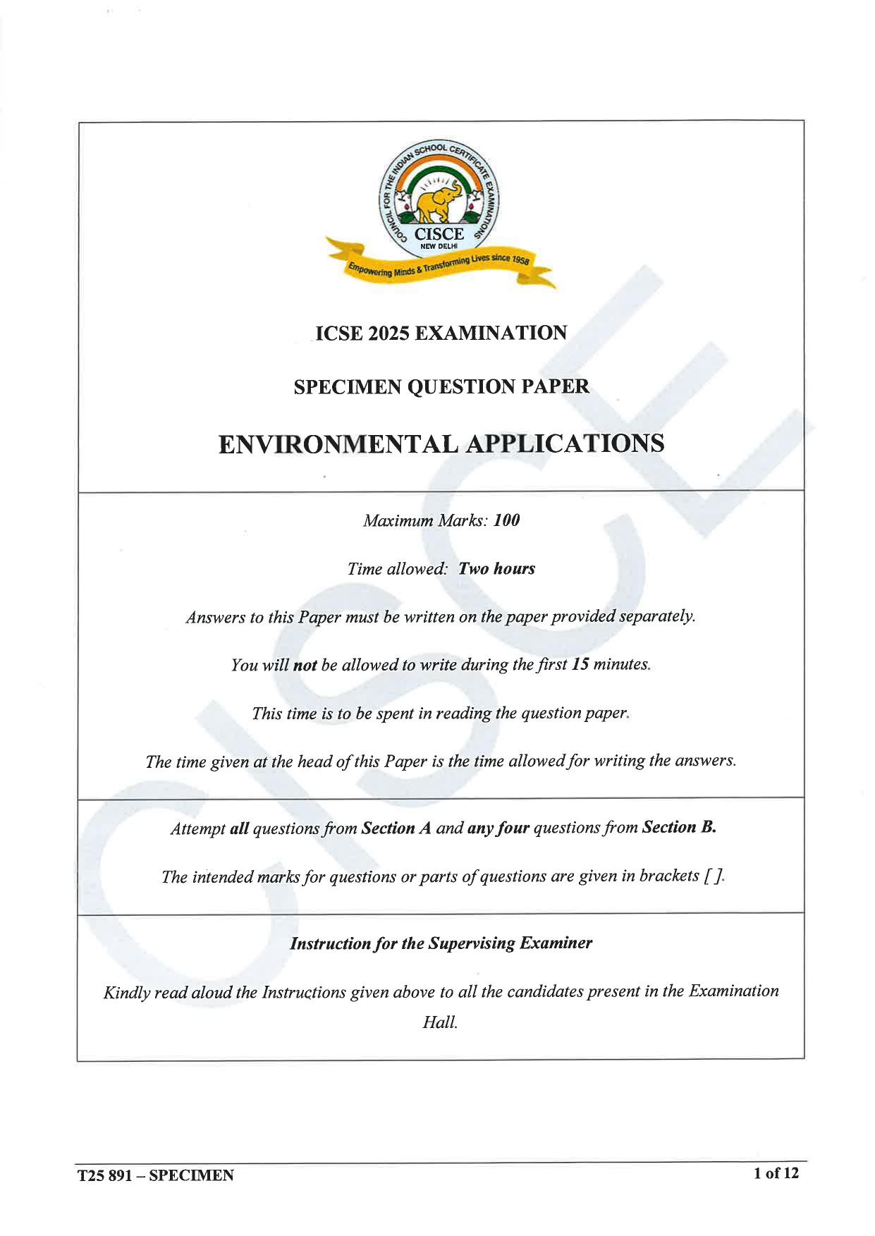 ICSE Class 10 2025 Environmental Applications (QP & MS) Specimen Paper - Page 1