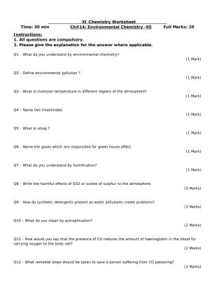 CBSE Worksheets for Class 11 Chemistry Environmental Chemistry Assignment 5