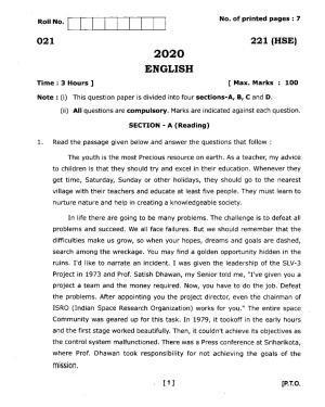 UBSE Class 10 English 2020 Question Paper