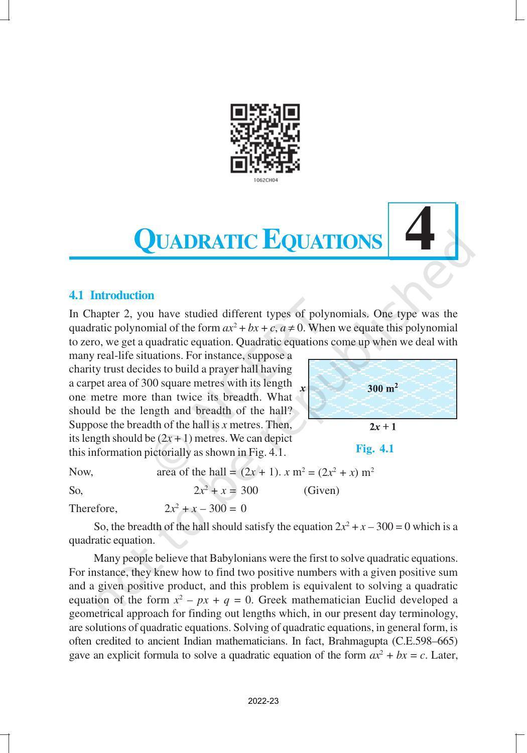 NCERT Book for Class 10 Maths Chapter 4 Quadratic Equations - Page 1