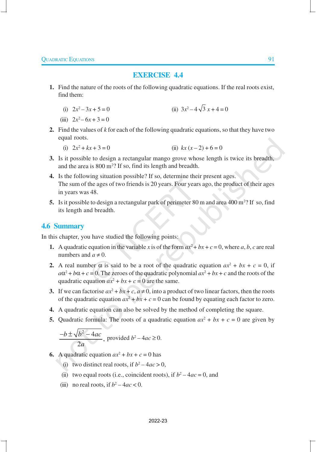 NCERT Book for Class 10 Maths Chapter 4 Quadratic Equations - Page 22
