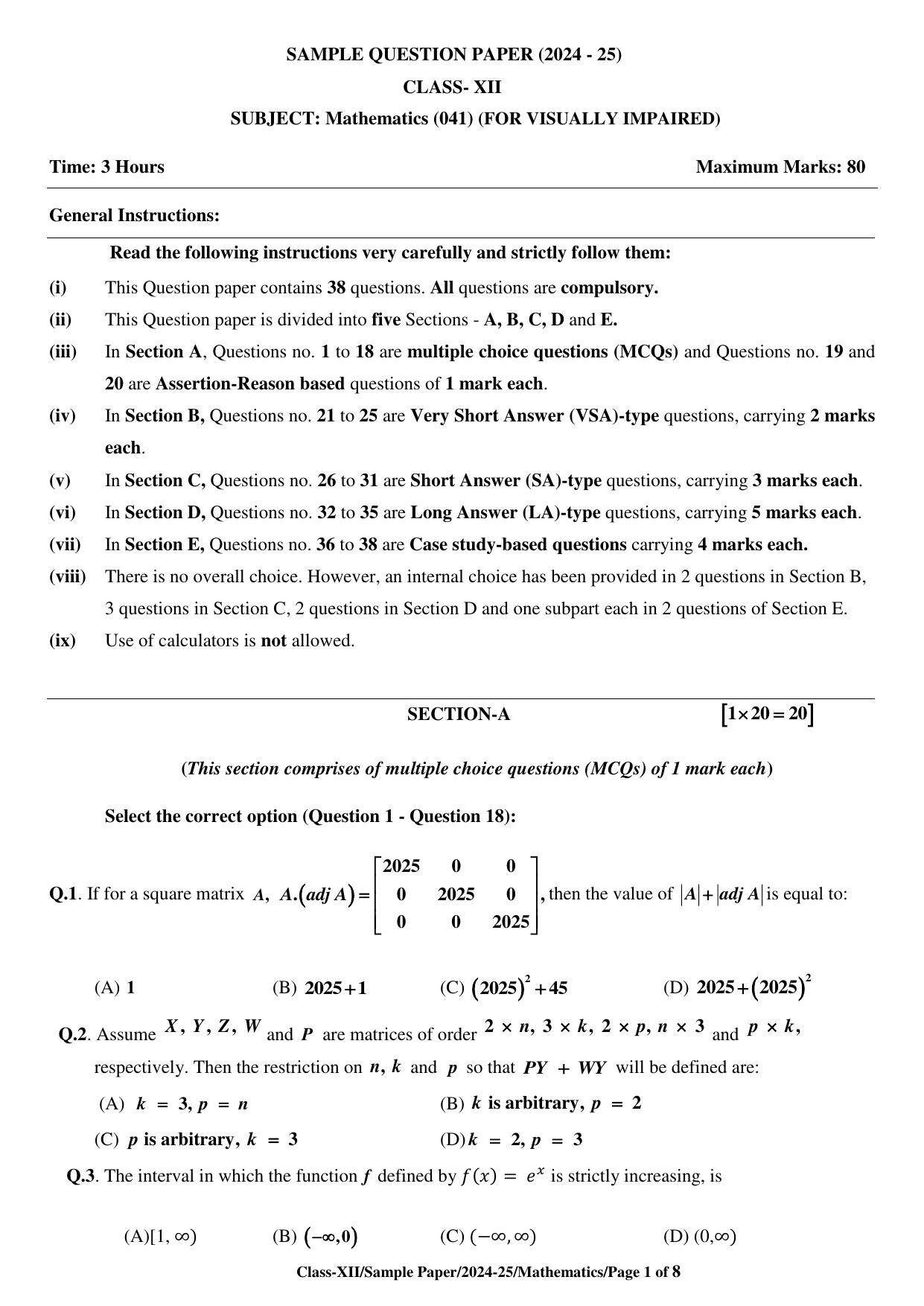 CBSE Class 12 Mathematics (For Visually Impaired) Sample Question Paper 2024-25 - Page 1