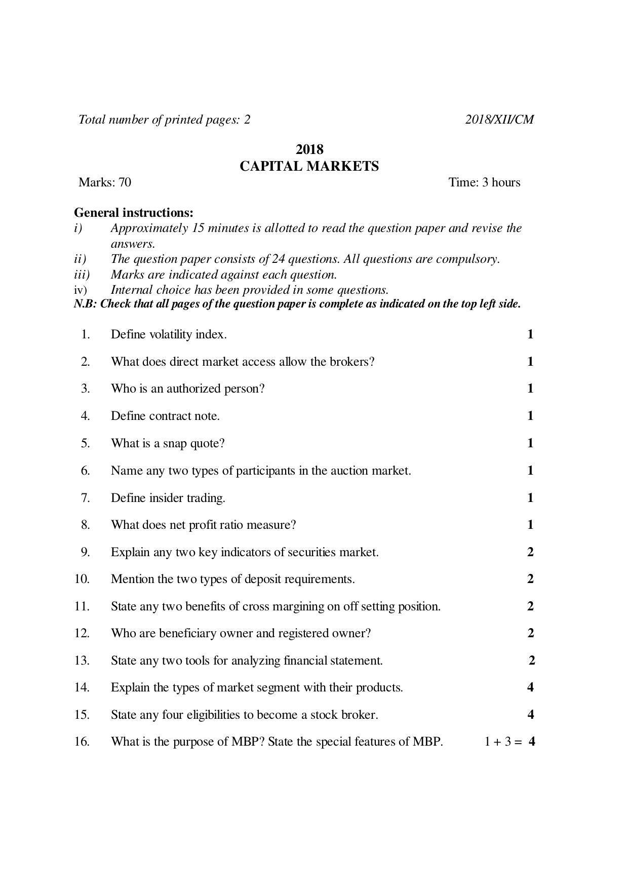 Nagaland Board Class 12 CAPITAL MARKETS 2018 Question Papers - Page 1